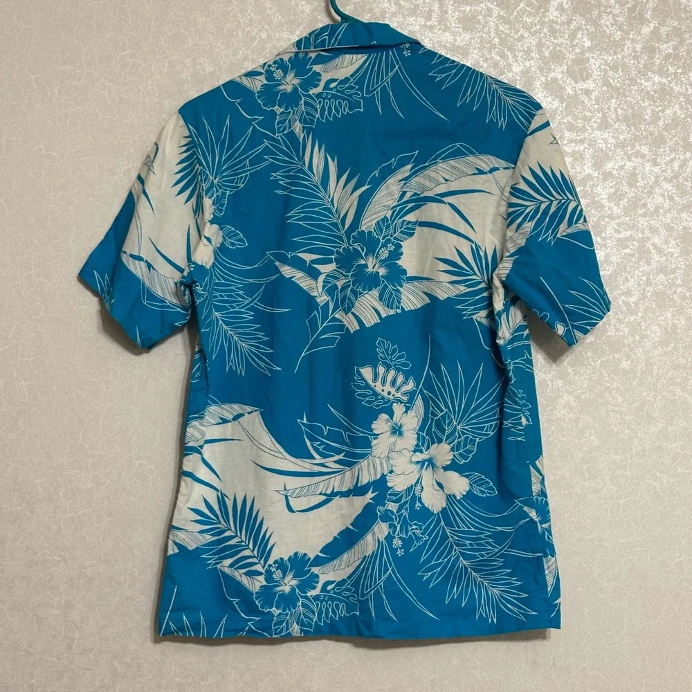 Aikane Hawaii Vintage Blue White Tropical Floral Short Sleeve Button Up Shirt‎ L